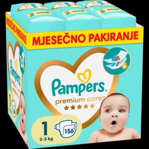 Pampers Premium Care pelene, Veličina 1, 156 Komada Pelena, 2 kg - 5 kg, Mjesečno pakiranje