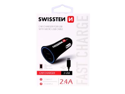 SWISSTEN punjač za auto, 2xUSB, 2.4A, crni + kabel za punjenje USB - microUSB