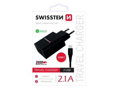 SWISSTEN punjač za AC220, 2xUSB, 2.1A, SMART IC, crni + USB-C kabel
