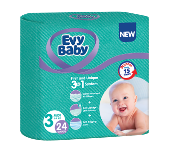 Evy Baby Jednokratne pelene 3 u 1 sistem Standard, 3 Midi 5 - 9 kg (24 kom)