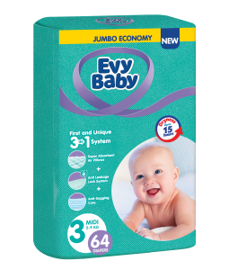 Evy Baby Jednokratne pelene 3 u 1 sistem Jumbo, 3 Midi, 5 - 9 kg (64 kom)